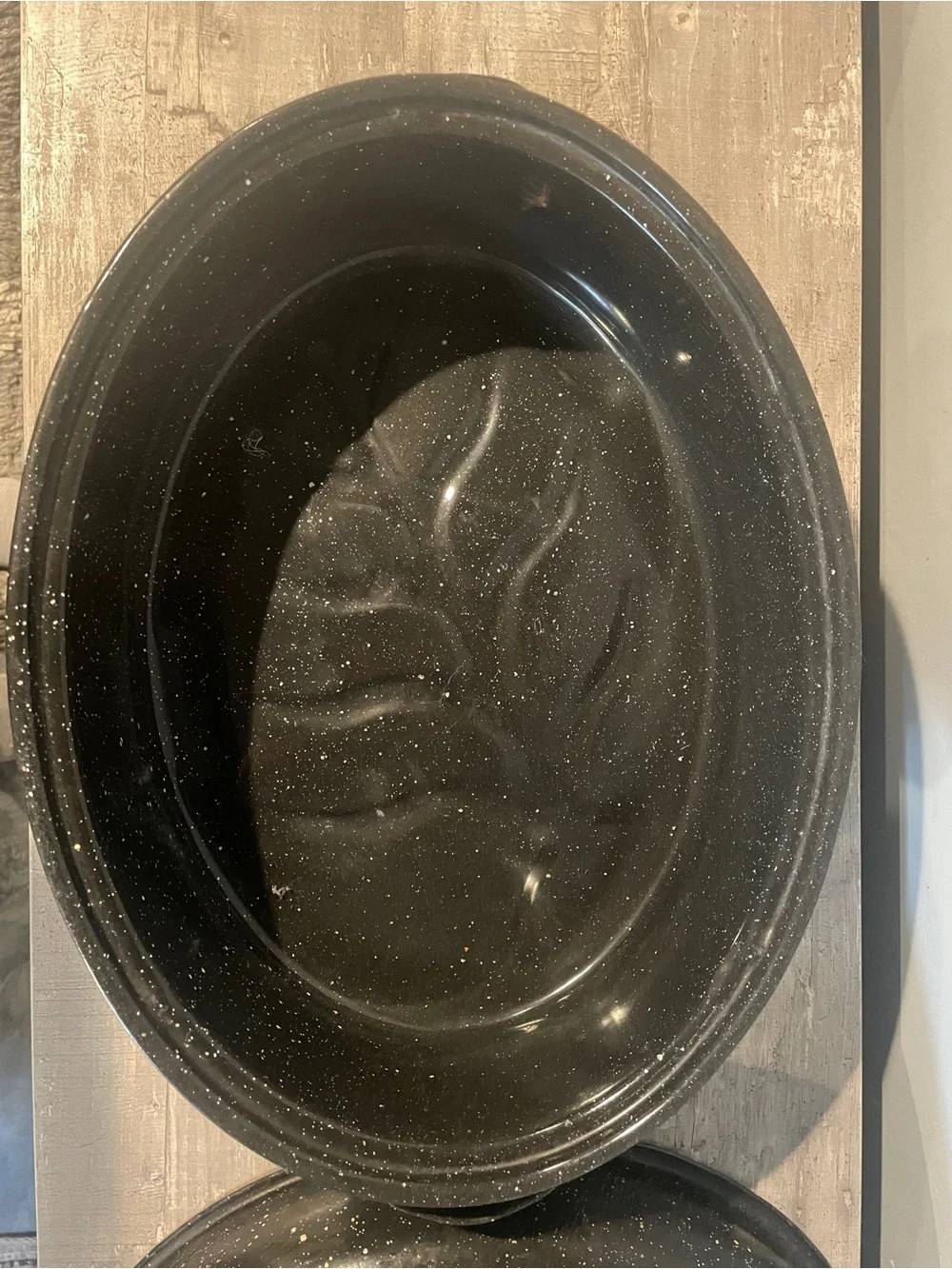 Vintage Black Speckled Enamel Graniteware Oval Roaster Pan Large Turkey w/ Lid
